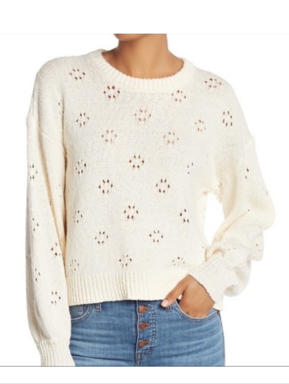Madewell Pointel Bubble Sleeve Ivory Eyelet-Knit Cotton Crewneck Sweater XS